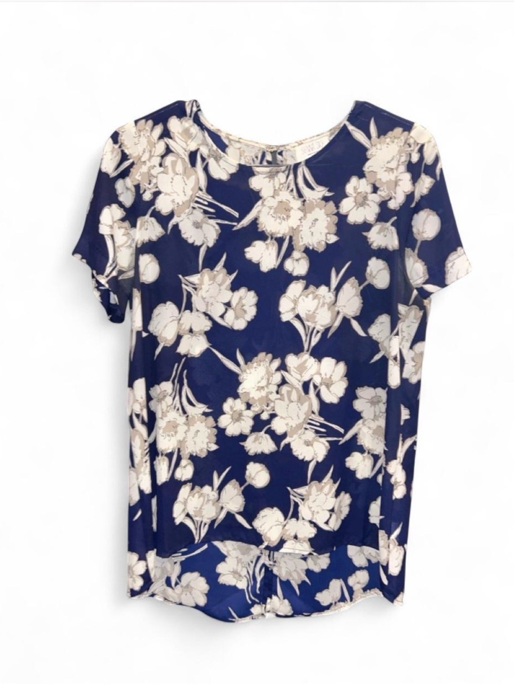 Sienna Sky Women’s Medium Navy Blue Floral Short Sleeve Blouse High Low Hem